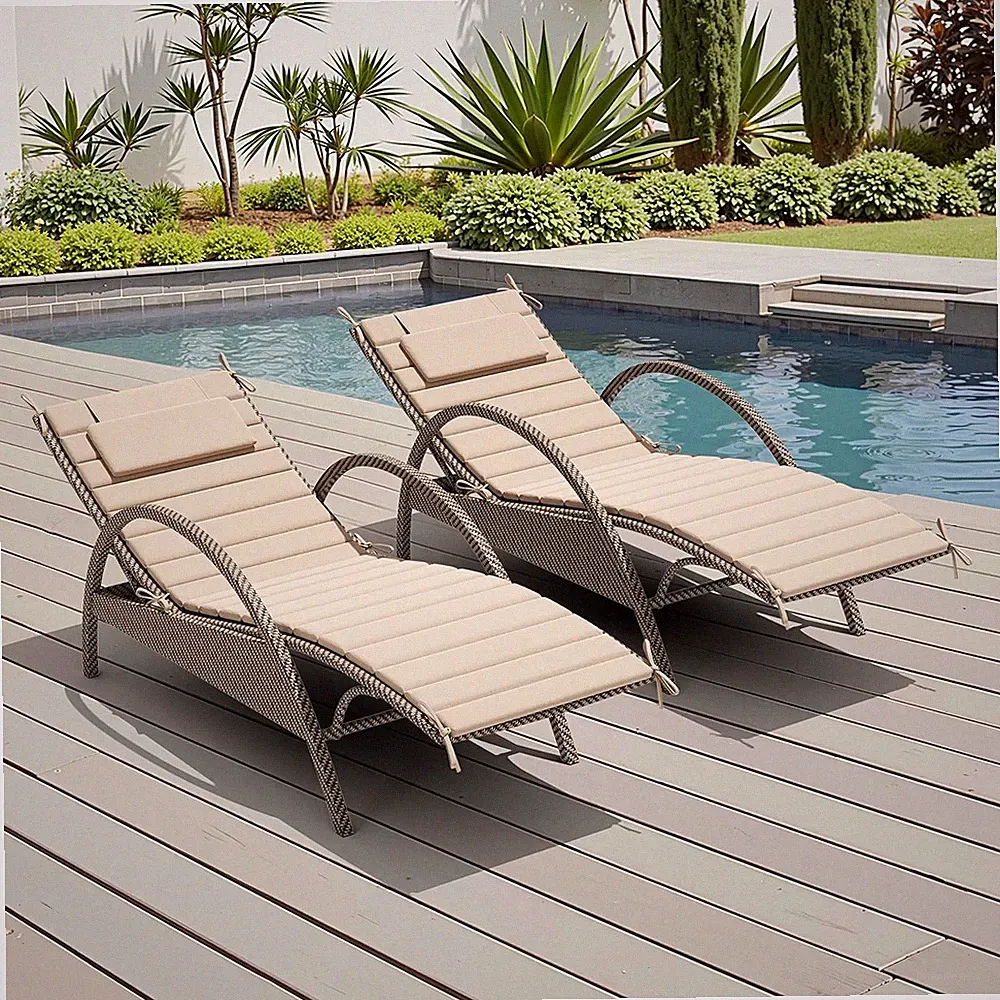 Chaise Lounge Cushions Outdoor Set of 2 – Waterproof Foldable Pool Lounger Beige