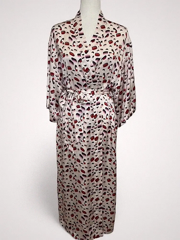 Pink Recliner 100% Silk long Kimono robe with pill/vitamin print. Size Small