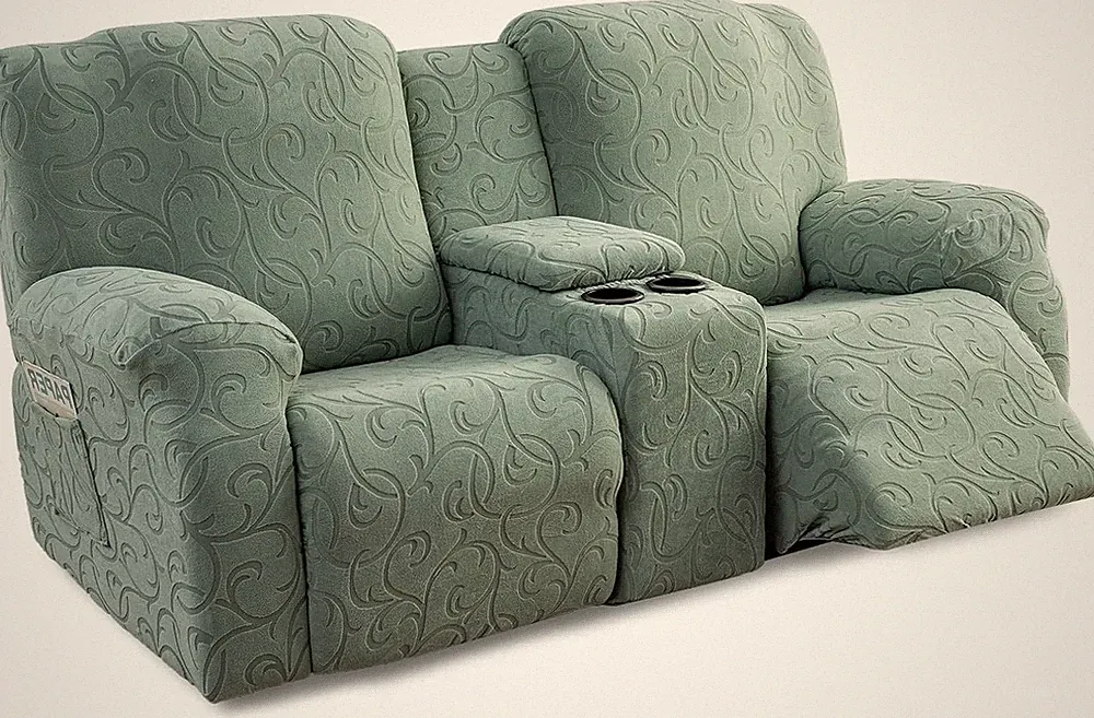 Stretch Recliner Loveseat Cover with Console, Washable Jacquard - Matcha Green