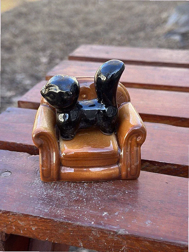 Vintage MCM Ceramic Chair With Ceramic Black Pet Skunk Very Kitschy Perfect Pair